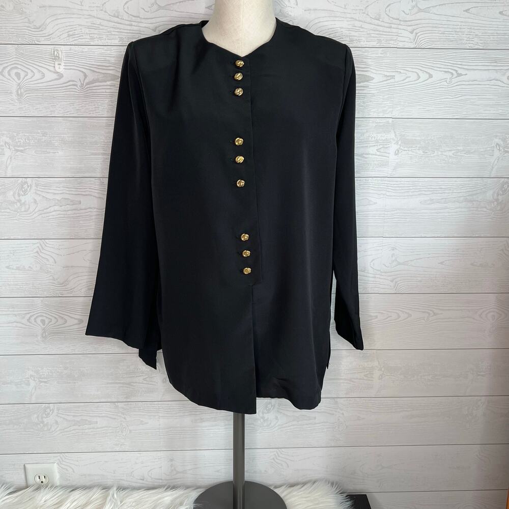 Vintage 80s Bedford Fair Lifestyles Black Button Up Tunic Top SZ 12 P